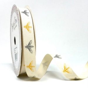 Bee Printed Cotton Ribbon in 2 Widths, 25m Per Roll - BTB413-09